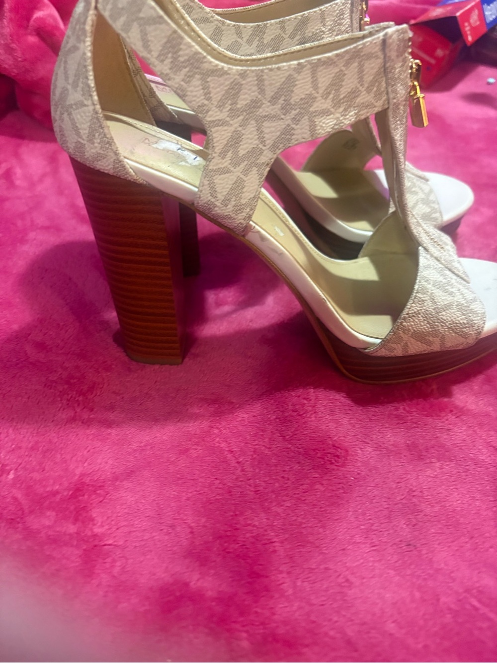 Michael Kors Logo-Print Platform High Heel Sandals in Cream and Brown